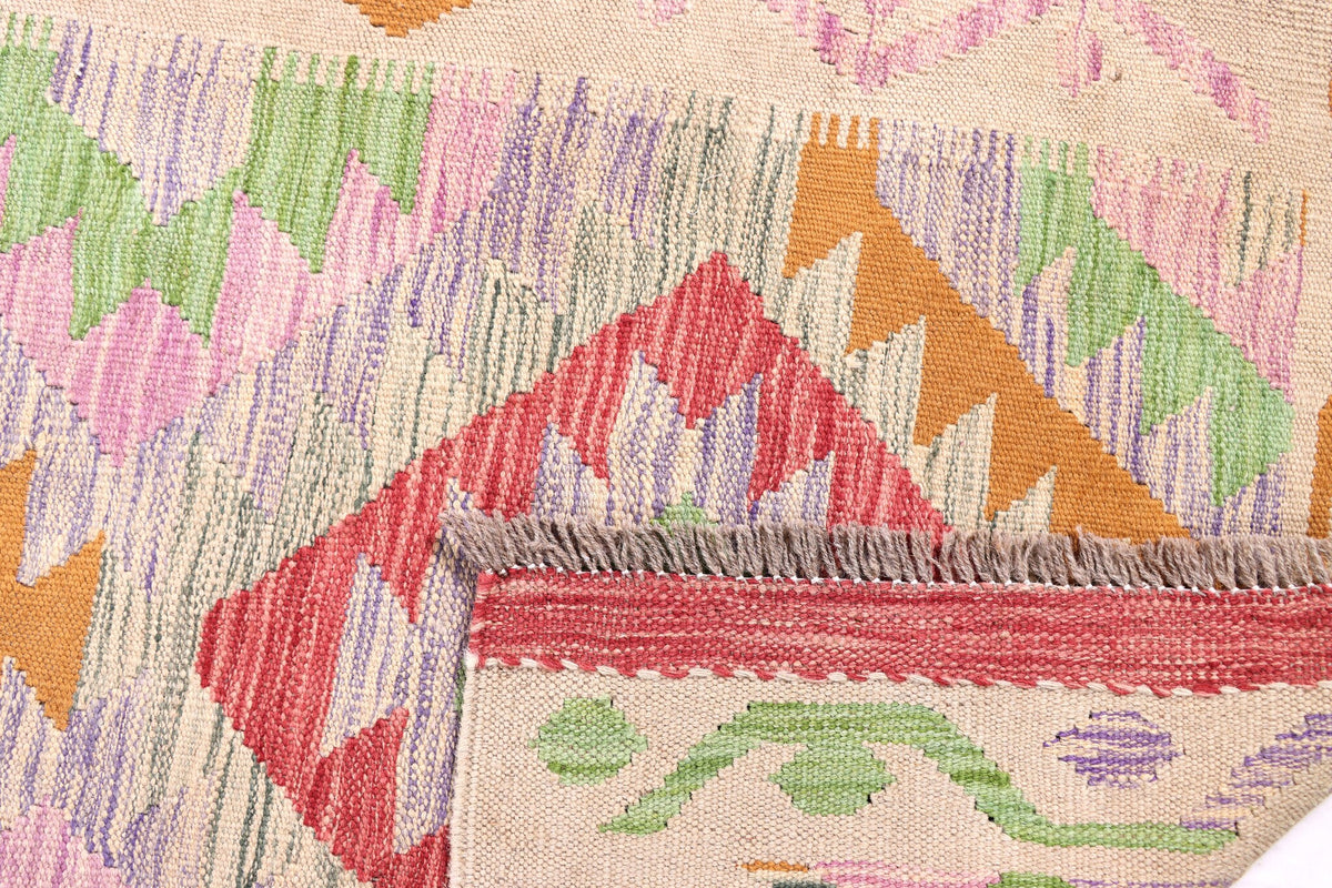 Light Kilim Runner with Colorful Diamonds, 302 × 80 cm — detail 3