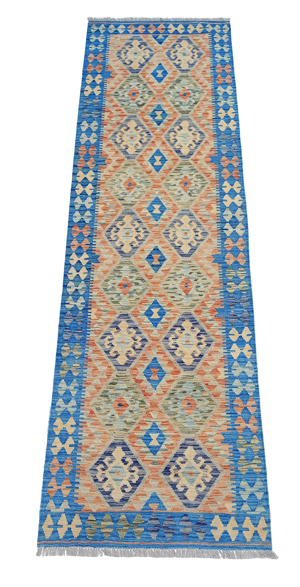 Blue Double Diamond Row Kilim Runner, 296 × 88 cm — detail 1