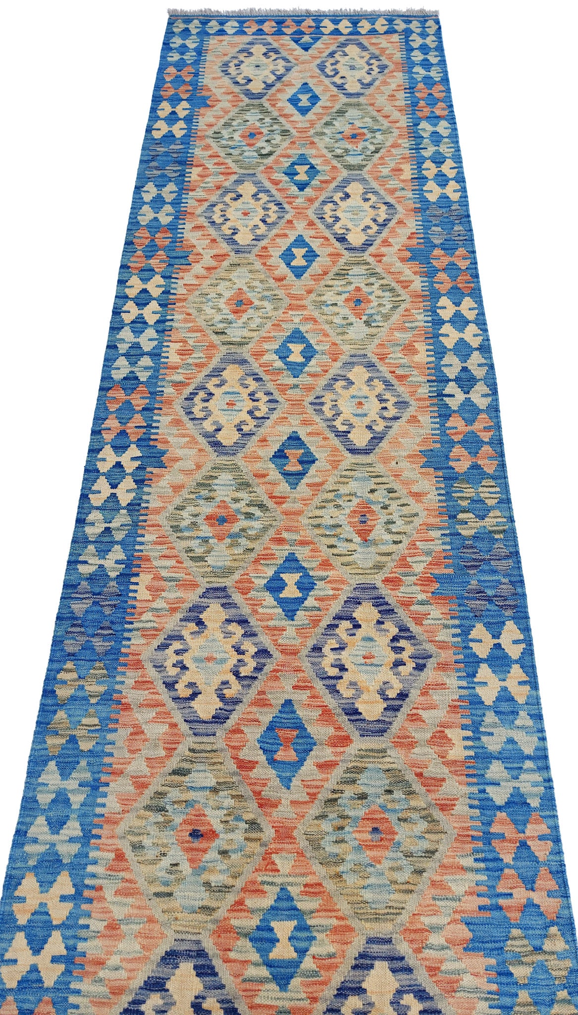 Blue Double Diamond Row Kilim Runner, 296 × 88 cm — detail 2