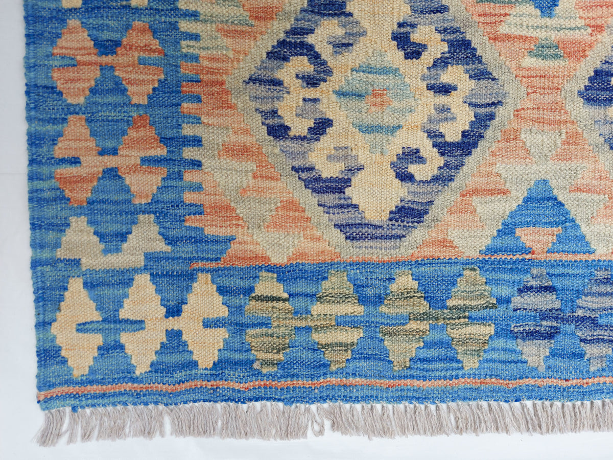 Blue Double Diamond Row Kilim Runner, 296 × 88 cm — detail 3