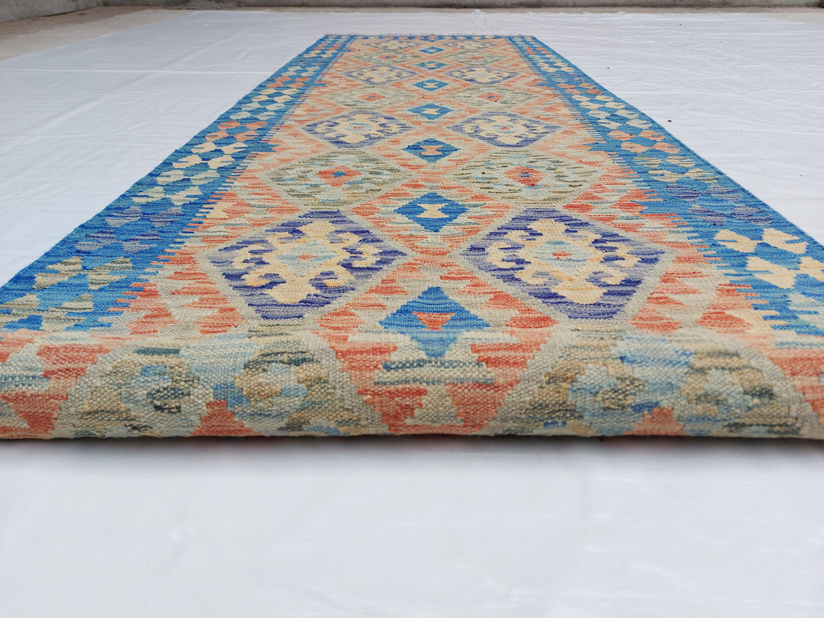 Blue Double Diamond Row Kilim Runner, 296 × 88 cm — detail 5