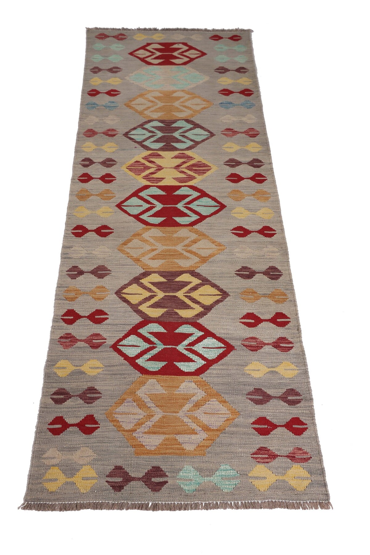 Gray Kilim Runner with Colorful Medallions, 246 × 80 cm — detail 1