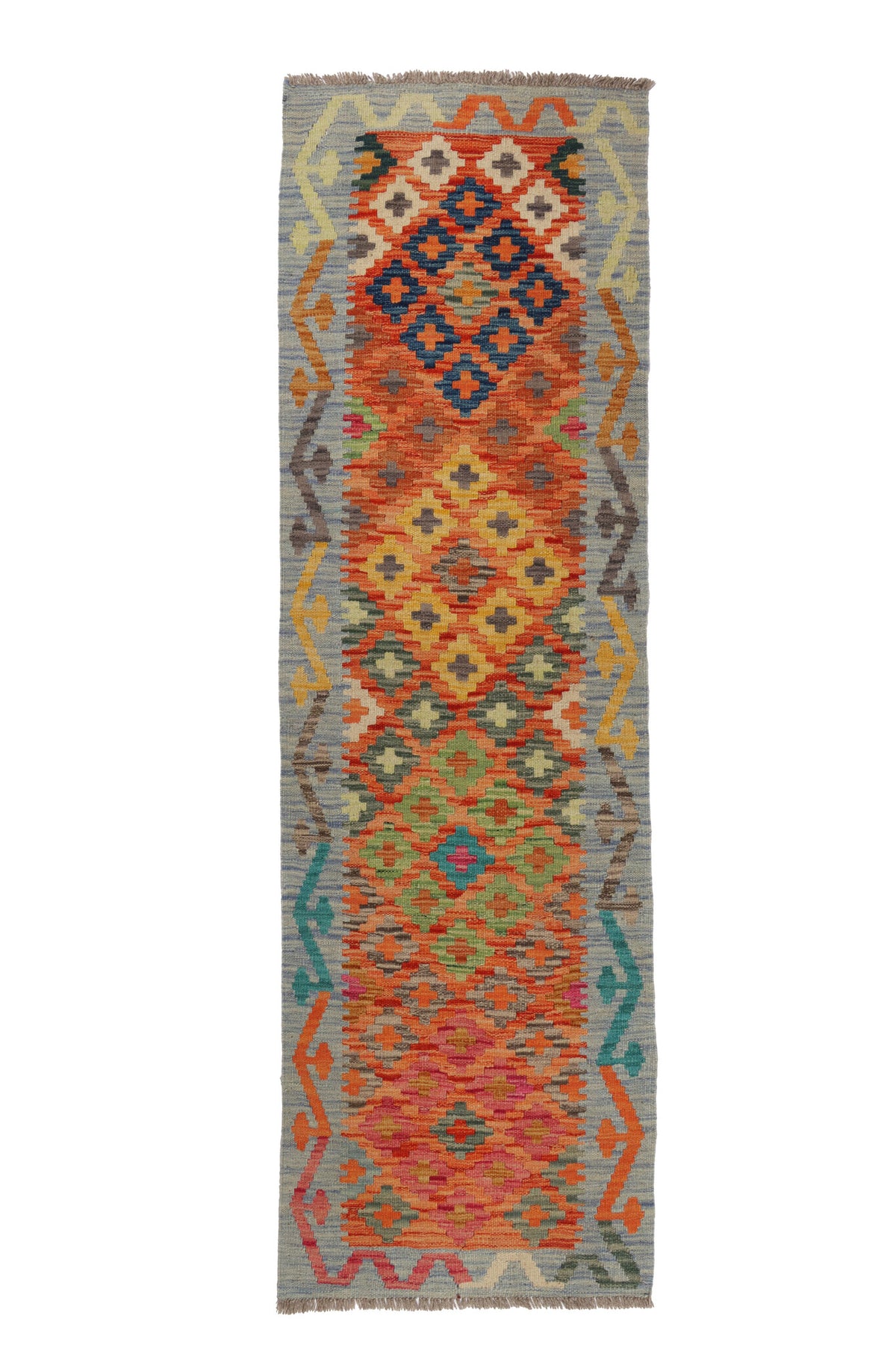 Orange and Blue Diamond Kilim Runner, 200 × 62 cm — full view