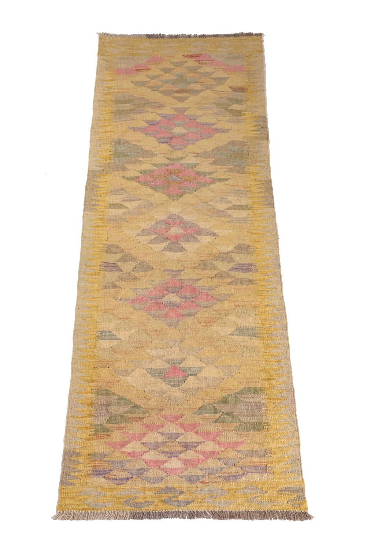 Yellow and Pink Pastel Kilim Runner, 202 × 68 cm — detail 1