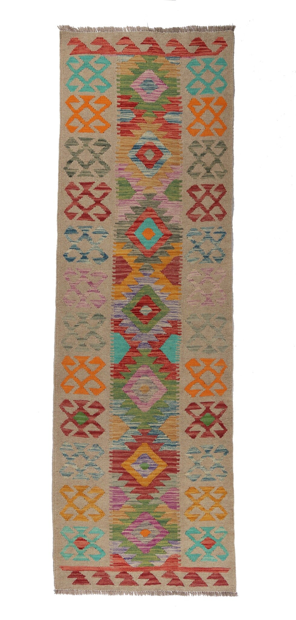 Beige Kilim Runner with Colorful Motifs, 200 × 65 cm — full view