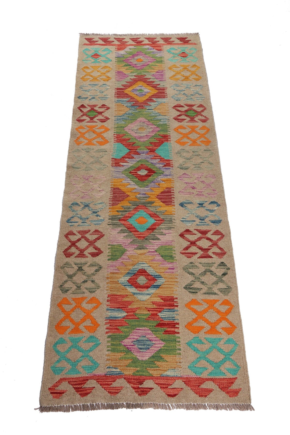 Beige Kilim Runner with Colorful Motifs, 200 × 65 cm — detail 1