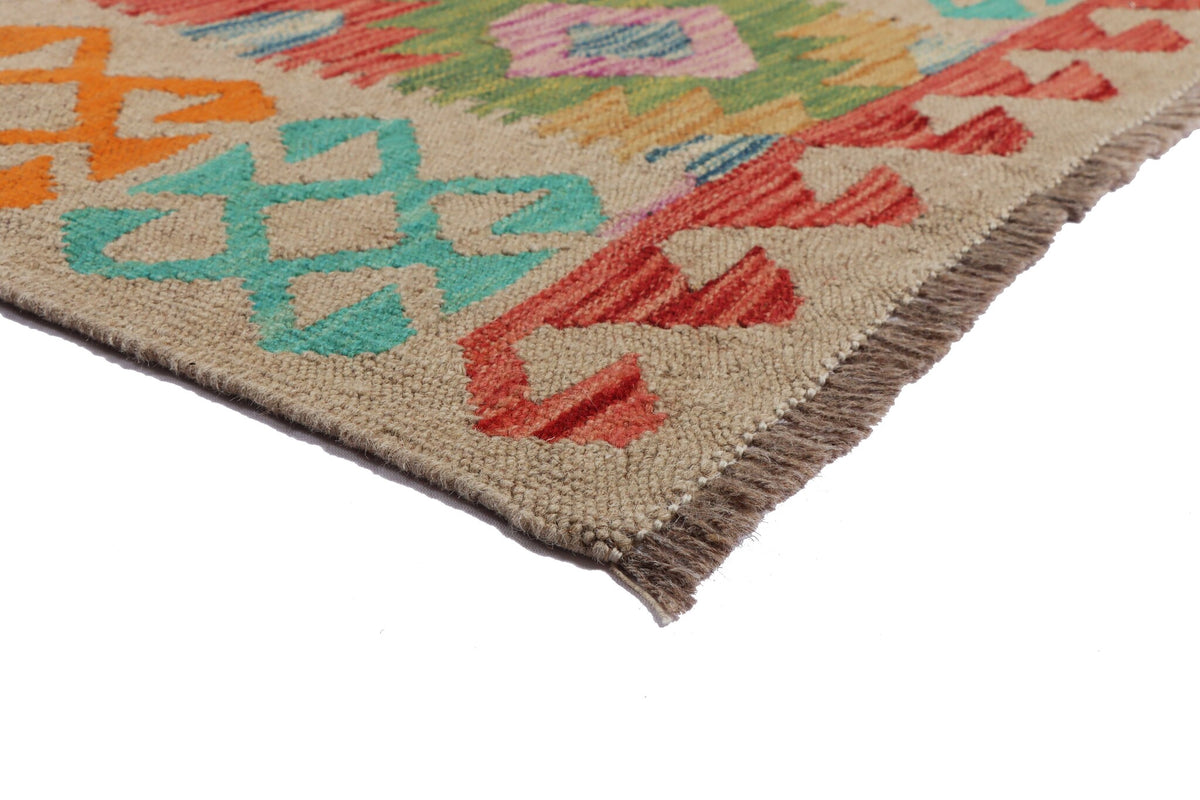 Beige Kilim Runner with Colorful Motifs, 200 × 65 cm — detail 2
