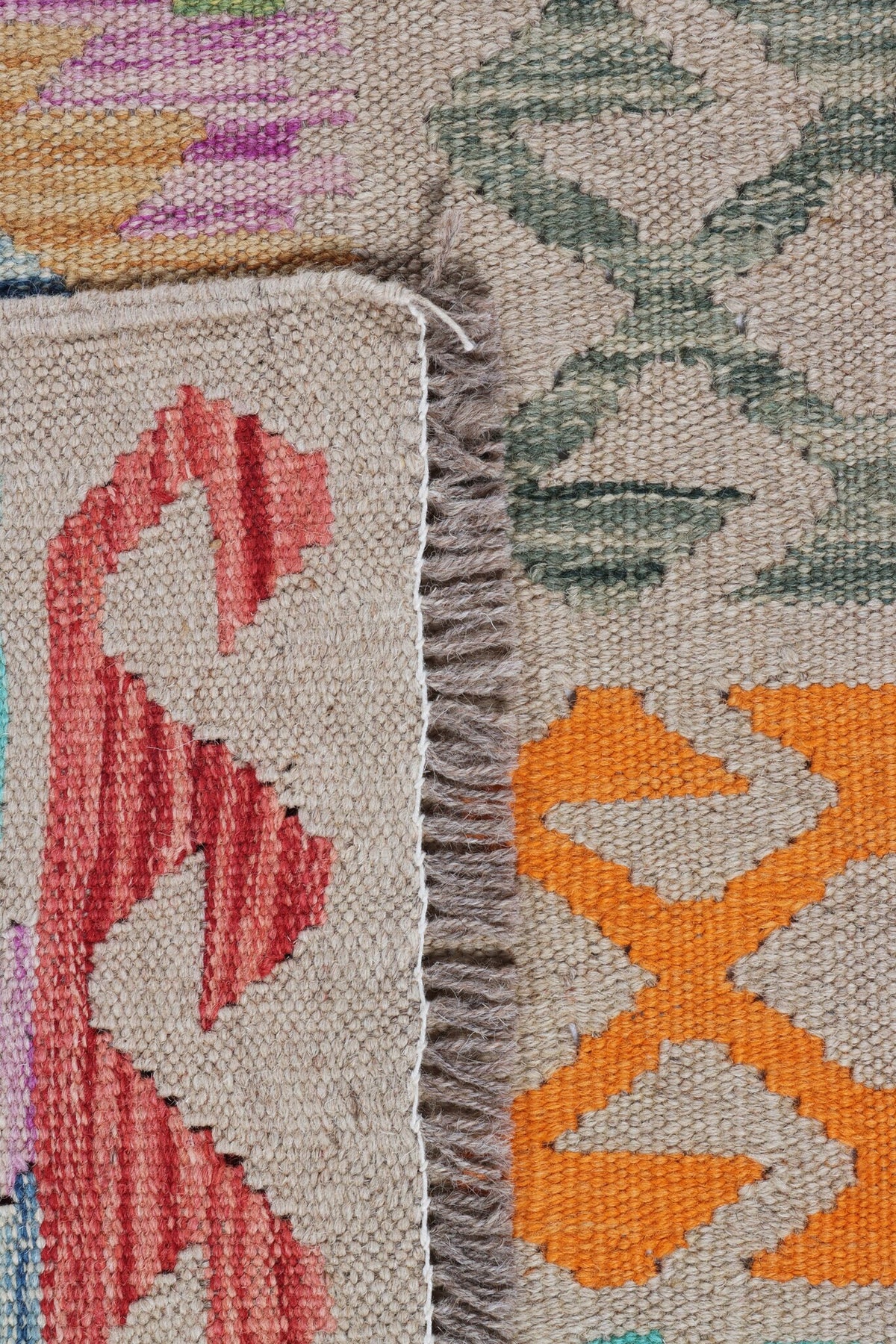 Beige Kilim Runner with Colorful Motifs, 200 × 65 cm — detail 4
