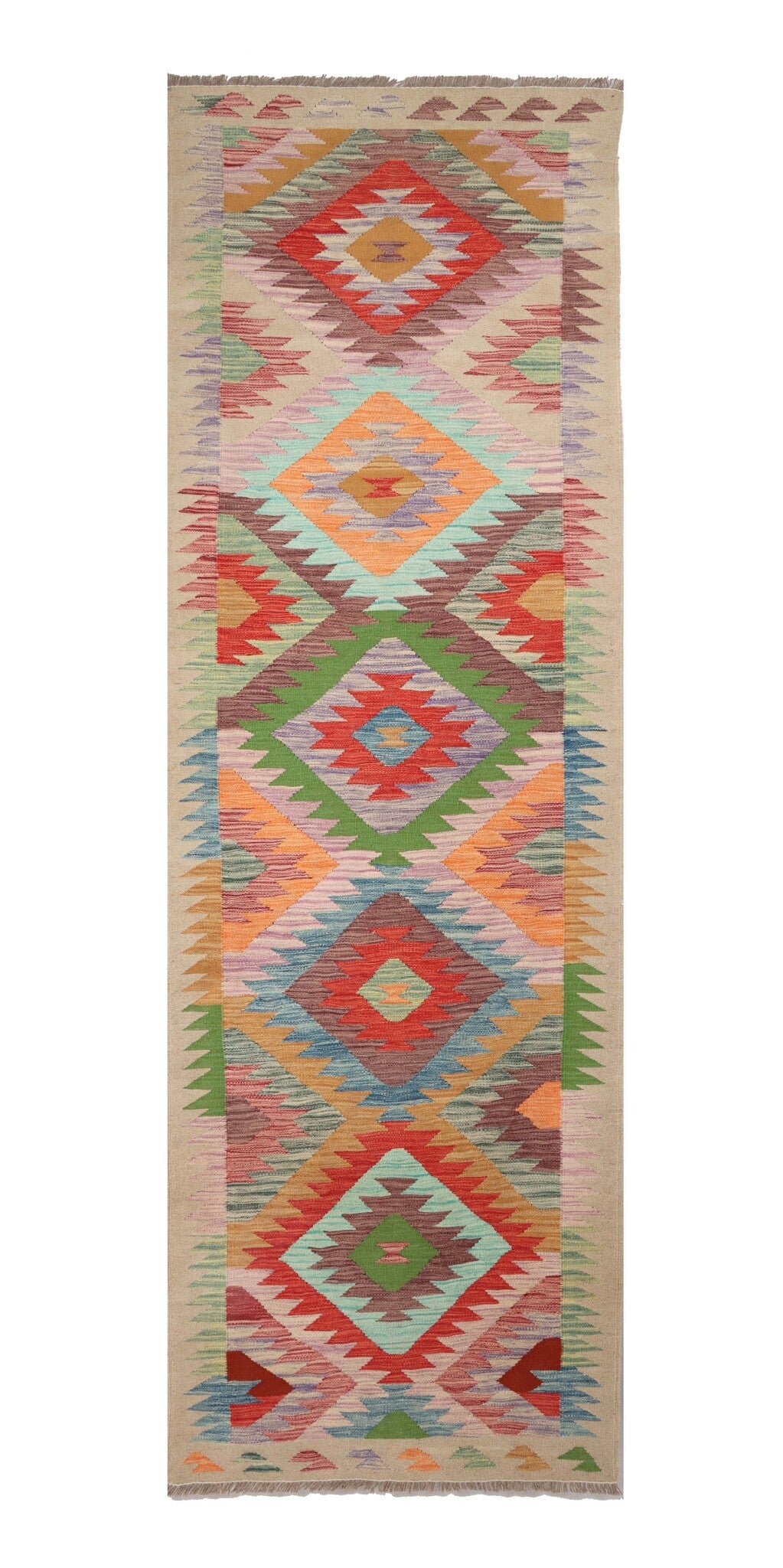 Colorful Jagged Diamond Kilim Runner, 295 × 80 cm — full view