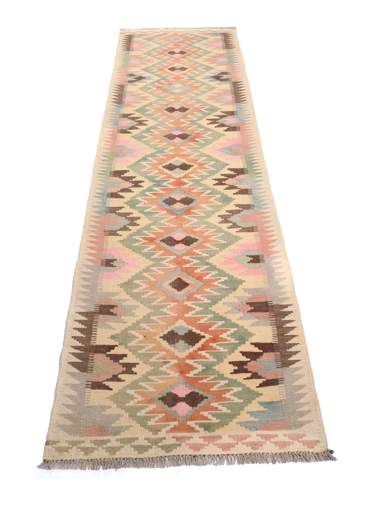 Cream Earth Tone Diamond Kilim Runner, 286 × 76 cm — detail 1