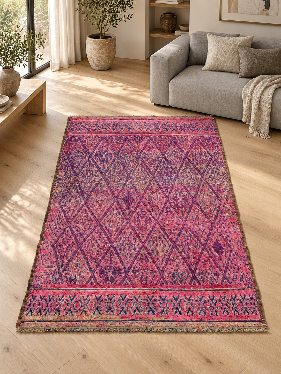 AI-generated room inspiration: Pink Vintage Moroccan Rug with Fine Diamond Grid, 332 × 216 cm.