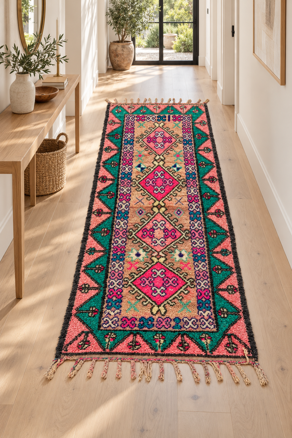 AI-generated room inspiration: Pink and Green Vintage Moroccan Runner with Medallions, 346 × 160 cm.