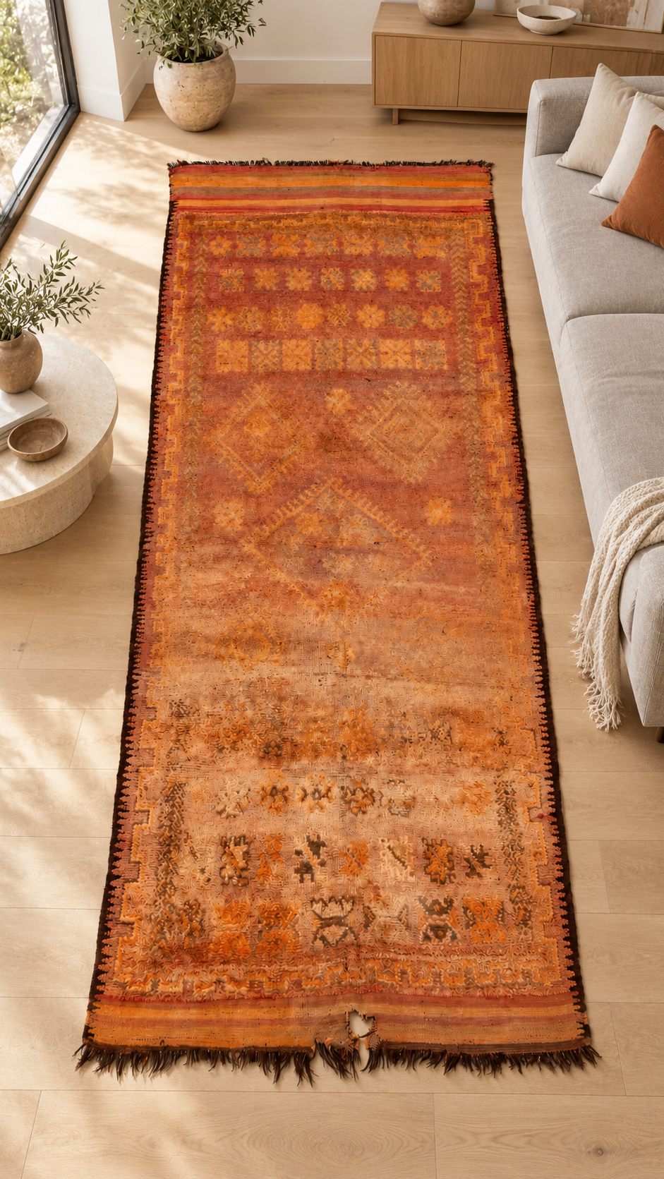 AI-generated room inspiration: Ochre Vintage Moroccan Rug with Faded Motifs, 430 × 177 cm.