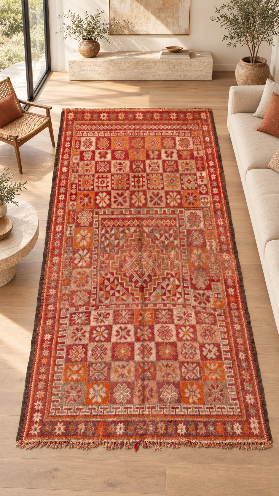 AI-generated room inspiration: Red and Beige Vintage Moroccan Rug with Geometric Panels, 360 × 190 cm.