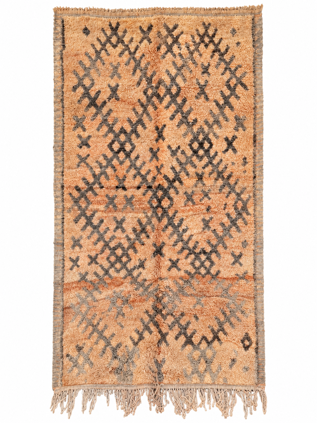 Full view of the natural-toned vintage Moroccan rug, 300 × 160 cm, with dark diamonds and light fringe.