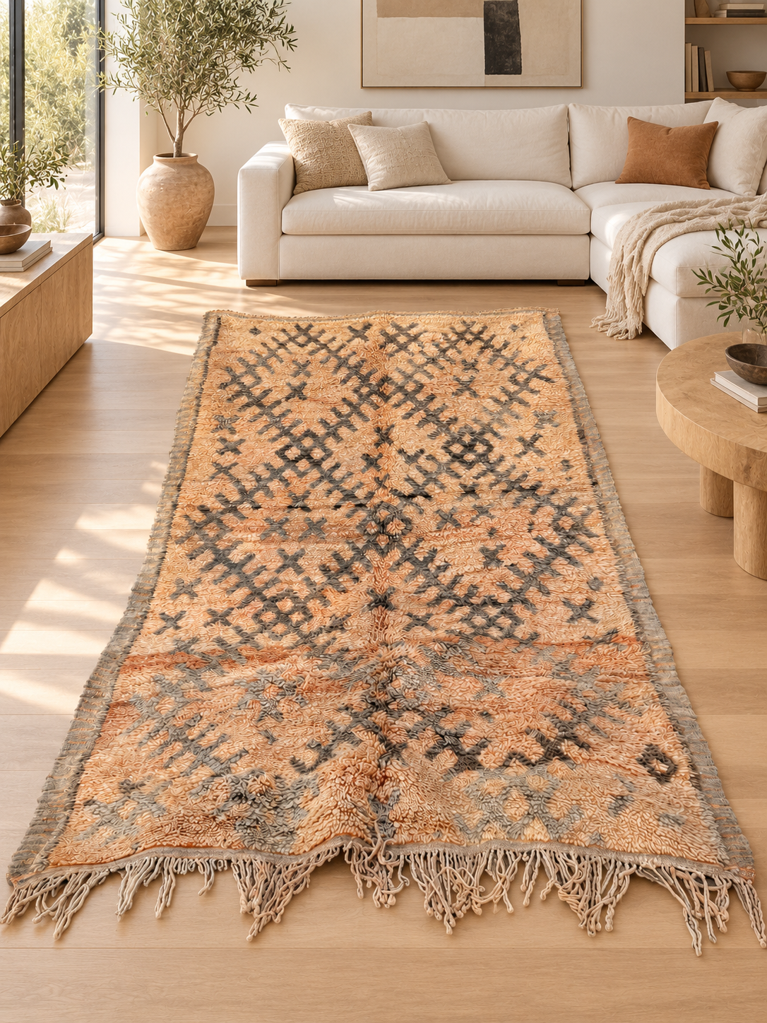 AI-generated room inspiration: Natural Vintage Moroccan Rug with Dark Diamonds, 300 × 160 cm.