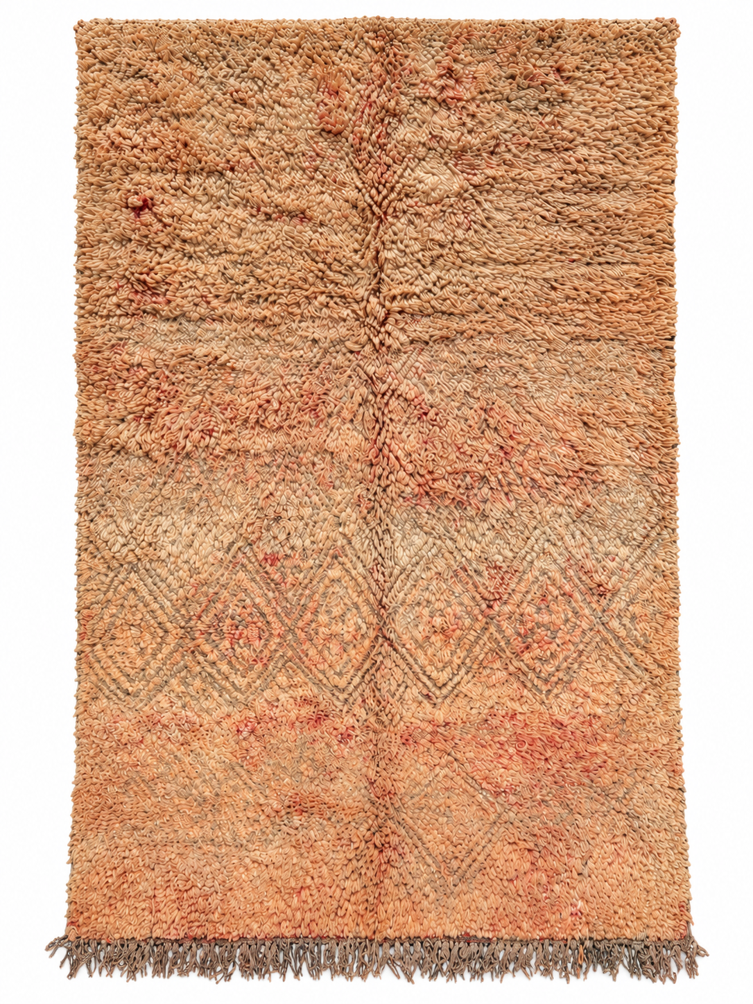 Beige vintage Moroccan rug with peach accents, a faded diamond pattern, and dark fringe on a white background.