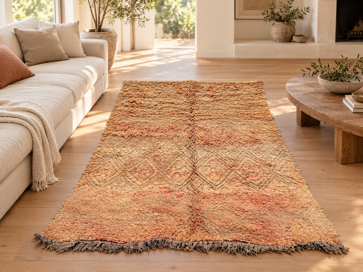 AI-generated room inspiration: beige vintage Moroccan rug with peach accents in a modern living room, view 1.