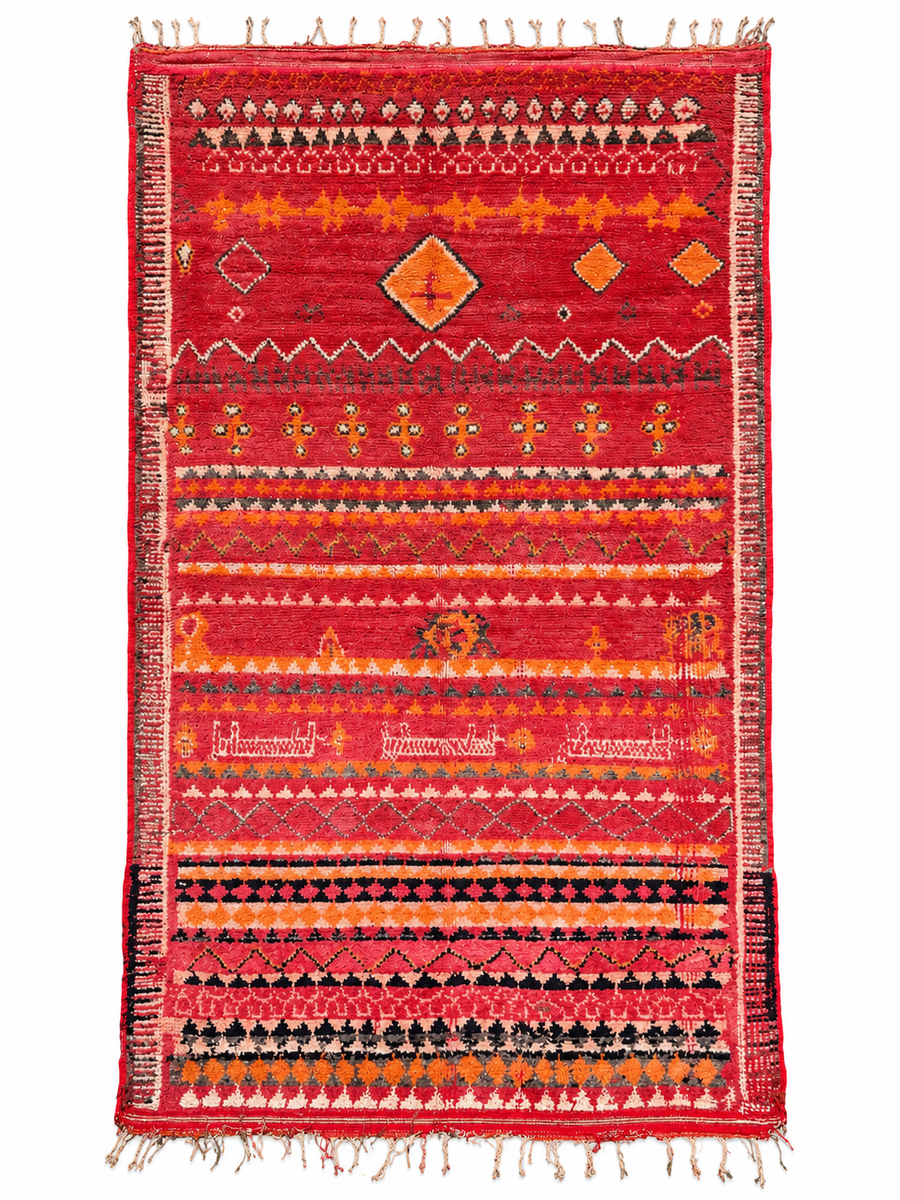Red Vintage Moroccan Rug with Colorful Motifs, 310 × 176 cm.