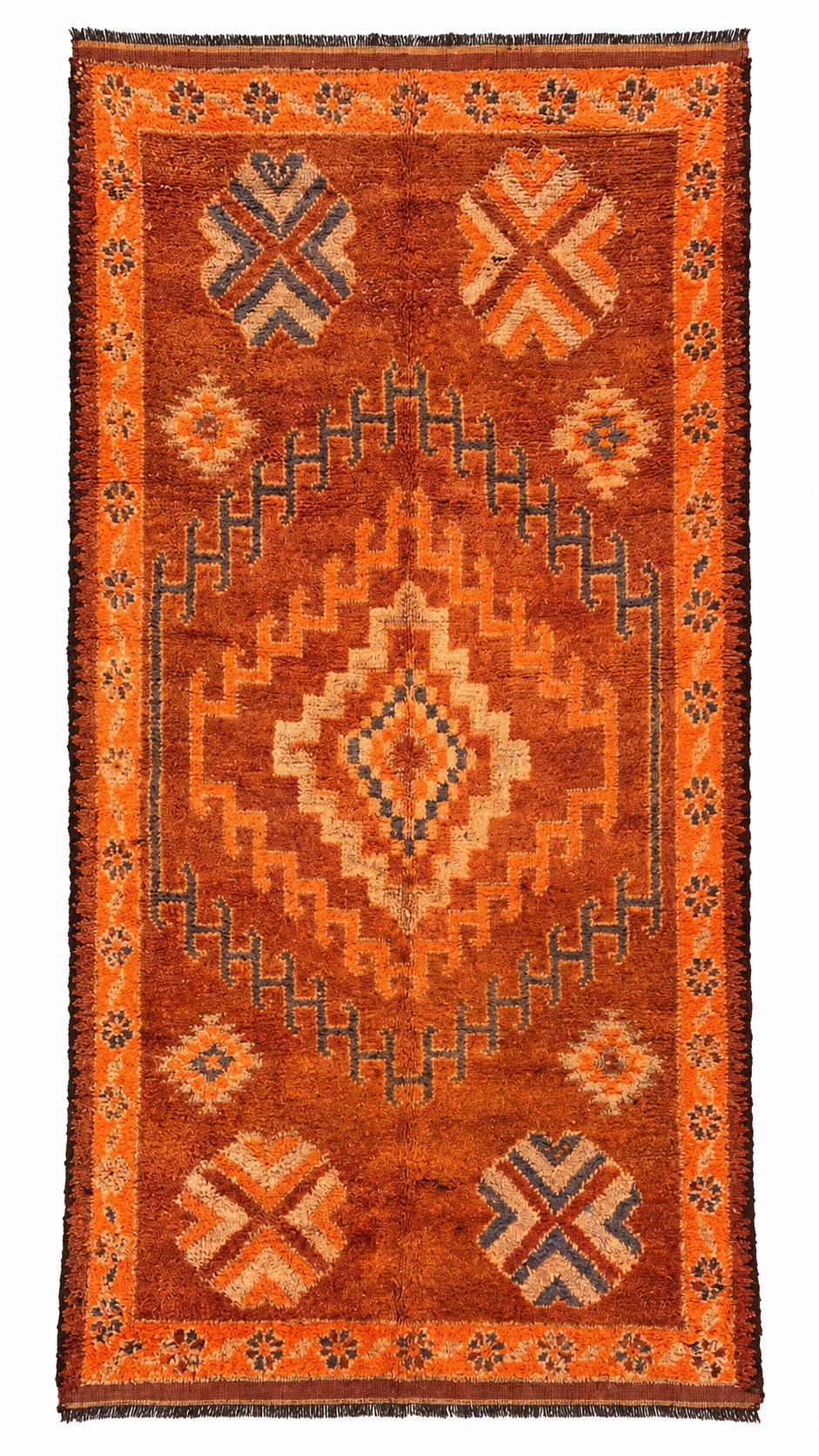 Orange Vintage Moroccan Rug with Crosses and Center Diamond, 370 × 168 cm.