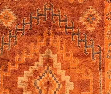 Detail of Orange Vintage Moroccan Rug with Crosses and Center Diamond, 370 × 168 cm.