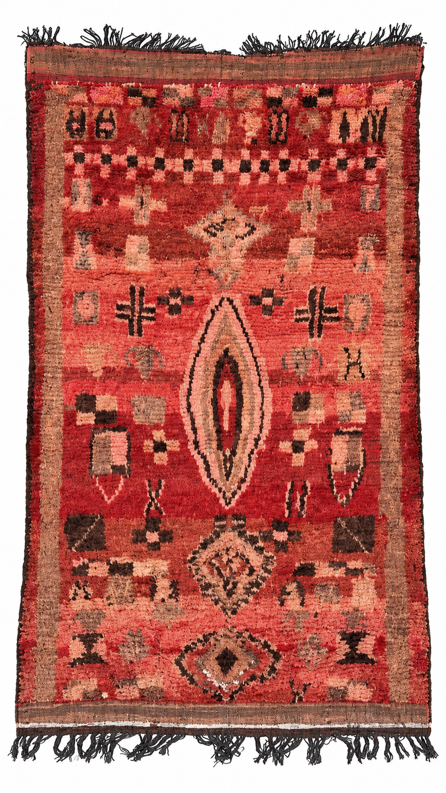 Coral Red Vintage Moroccan Rug with Dark Symbols, 286 × 156 cm.