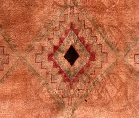 Detail of Salmon Pink Vintage Moroccan Rug with Dark Diamonds, 370 × 162 cm.