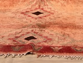 Detail of Salmon Pink Vintage Moroccan Rug with Dark Diamonds, 370 × 162 cm.