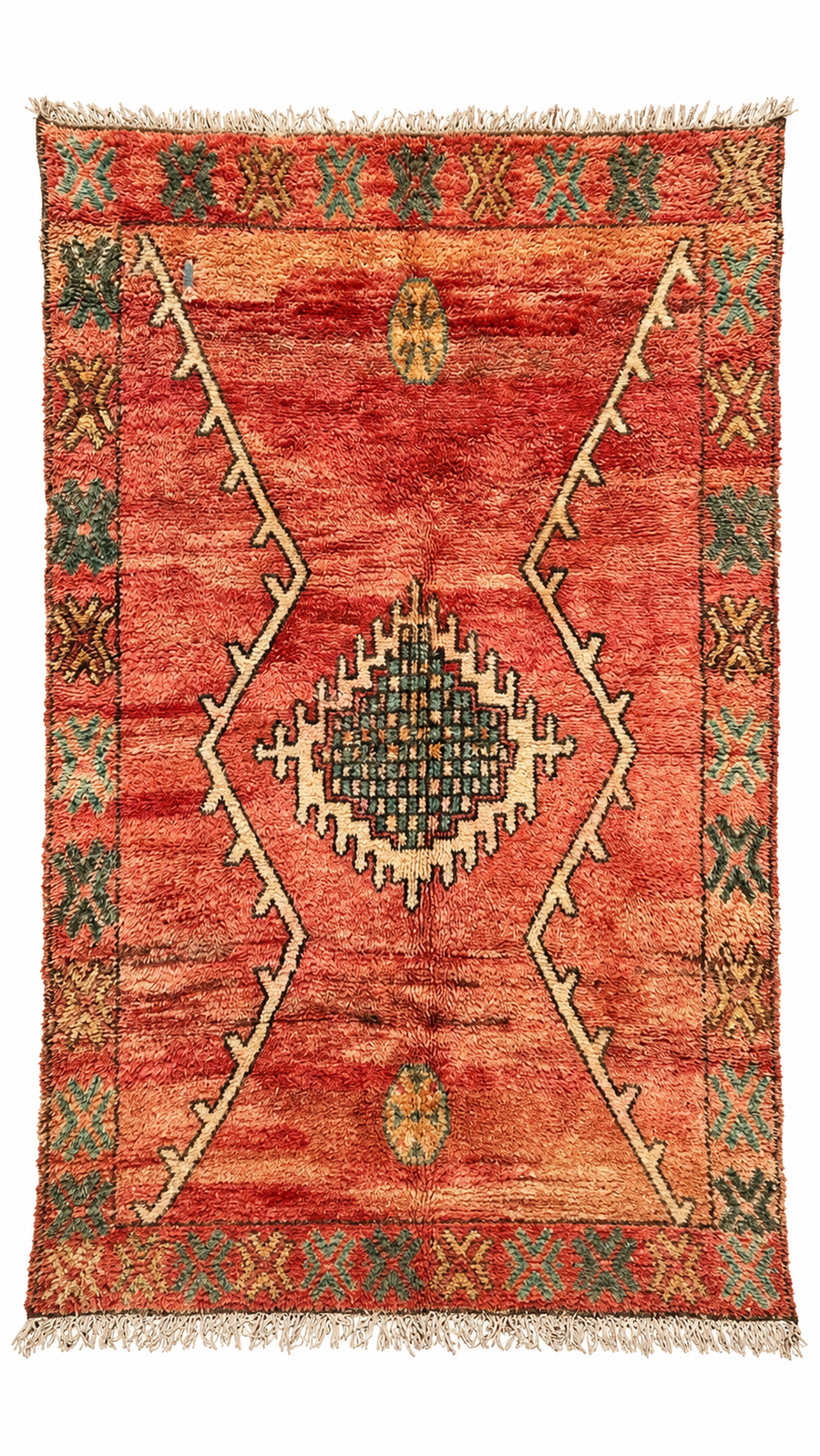 Coral Red Vintage Moroccan Rug with Light Lines, 280 × 150 cm.