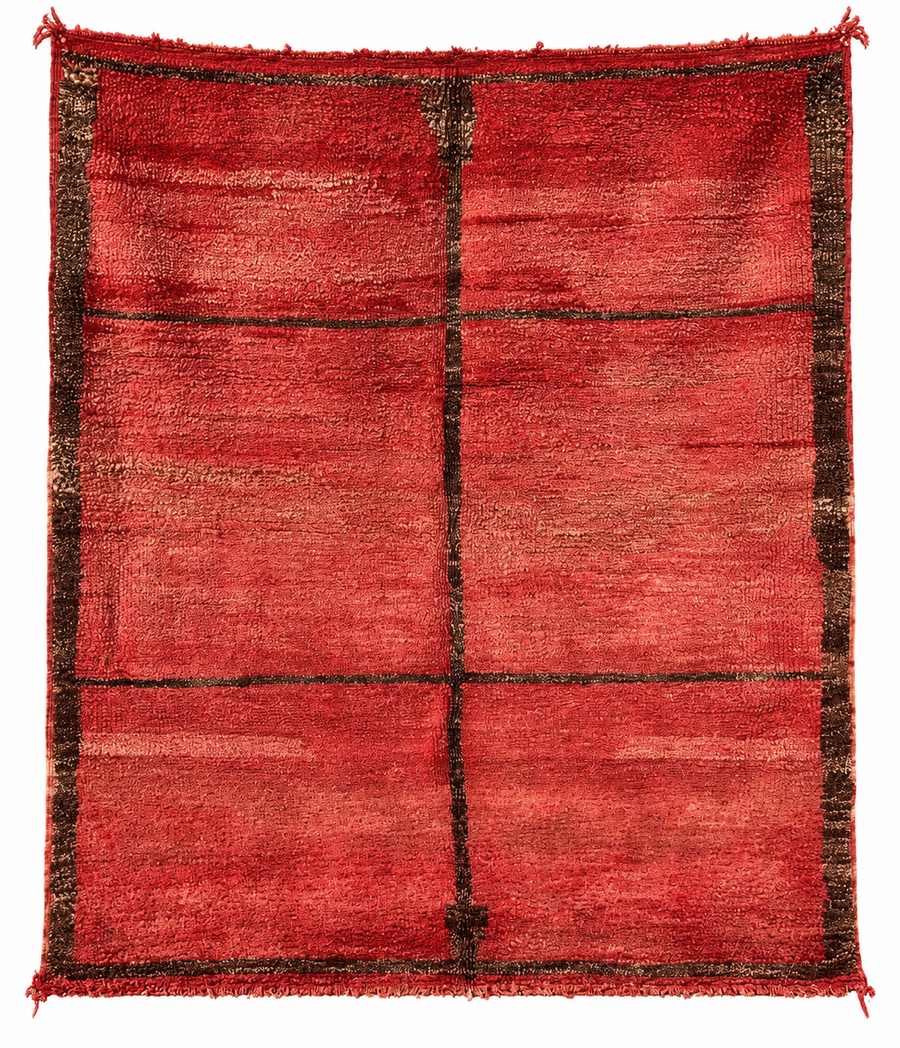 Red Vintage Moroccan Rug with Dark Line Grid, 245 × 210 cm.
