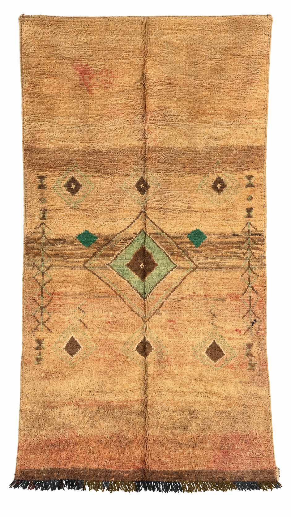 Beige Vintage Moroccan Rug with Green Center Diamond, 290 × 146 cm.