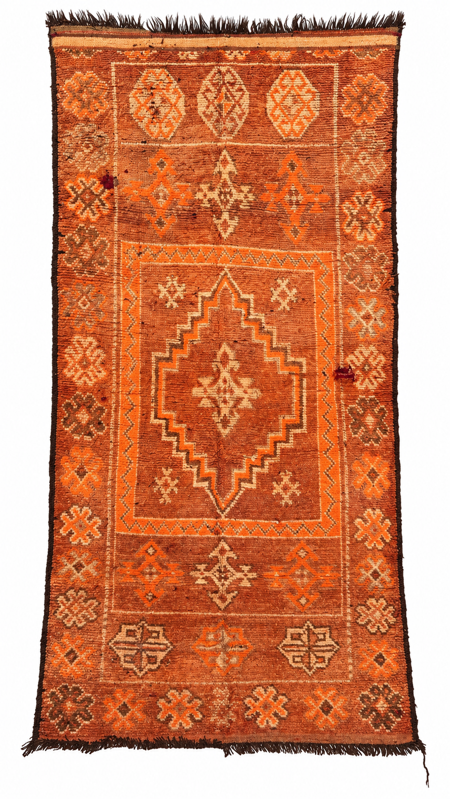 Orange Vintage Moroccan Rug with Stepped Diamond Medallion, 300 × 140 cm.
