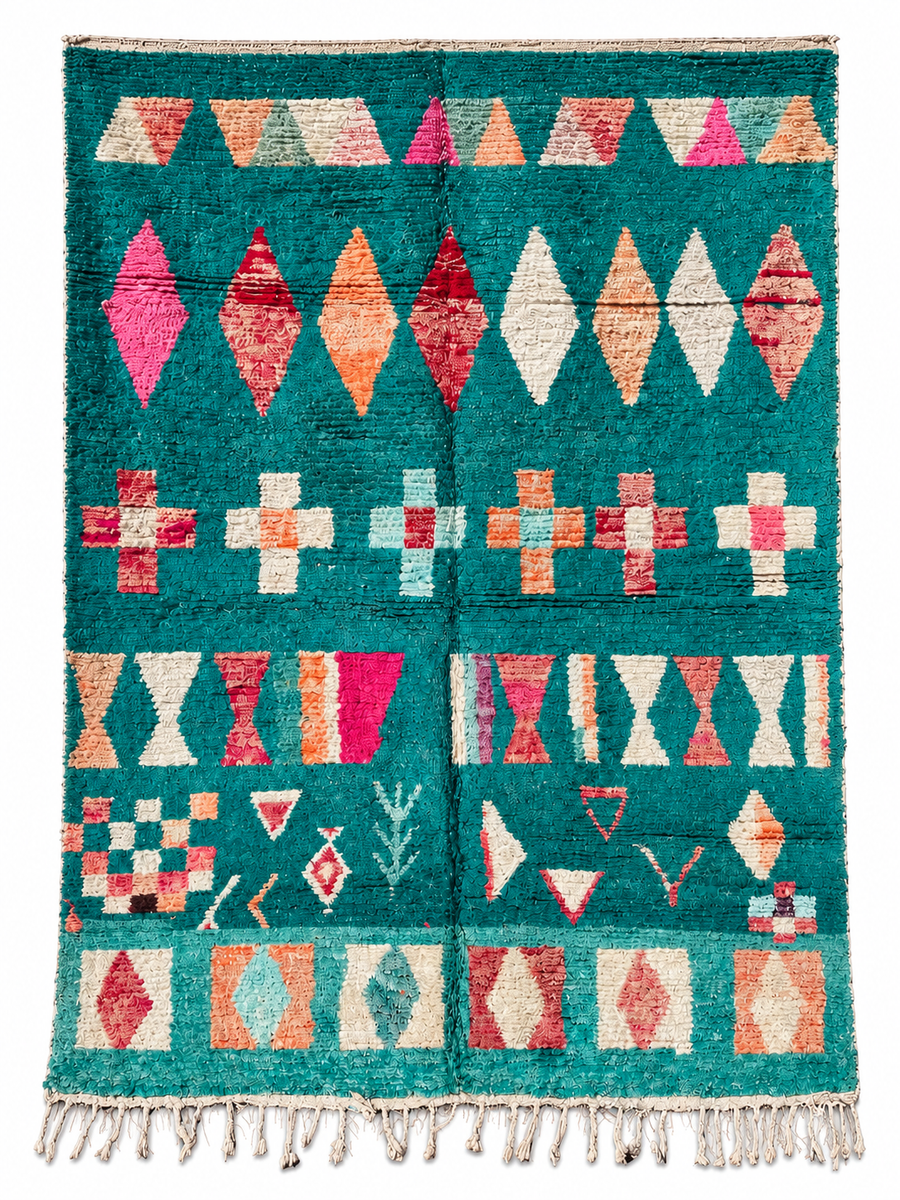 Turquoise Vintage Moroccan Rug with Colorful Symbols, 324 × 240 cm.