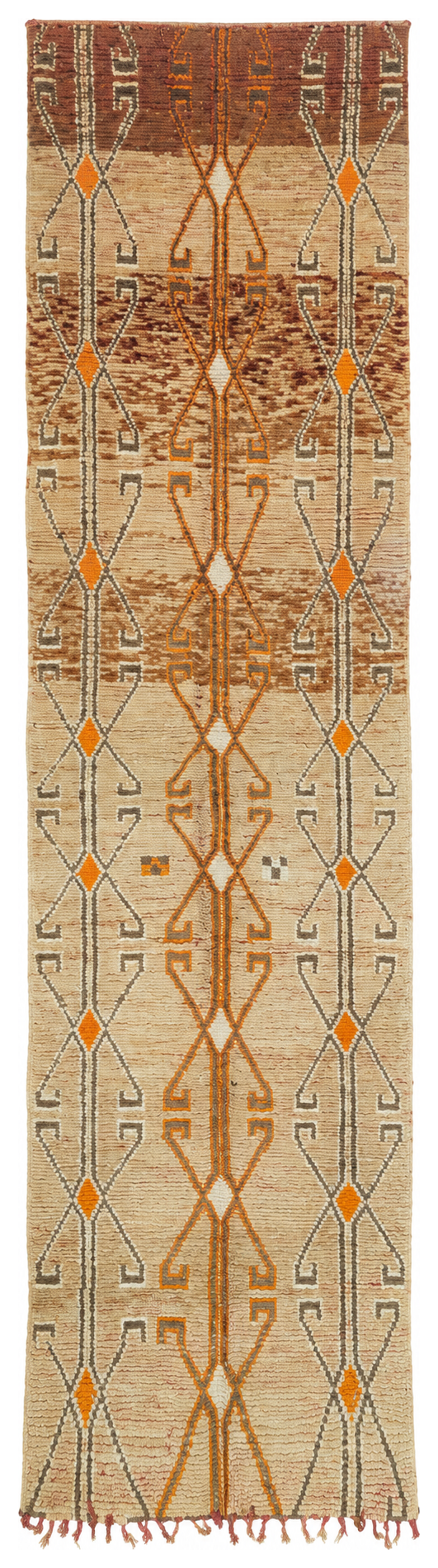 Beige and Ochre Vintage Moroccan Runner with Diamond Lines, 476 × 120 cm.