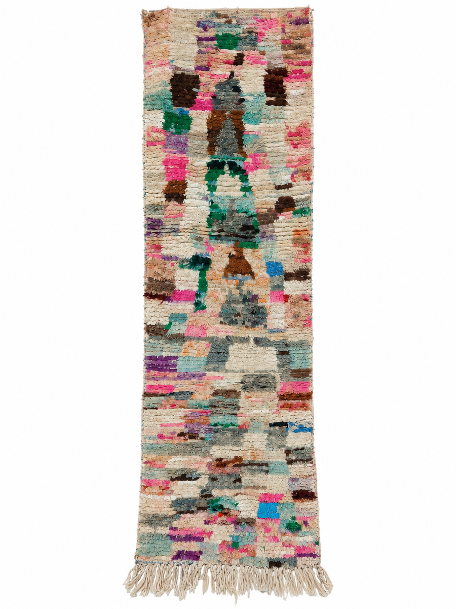 Colorful Vintage Moroccan Runner with Small Color Blocks, 272 × 73 cm.