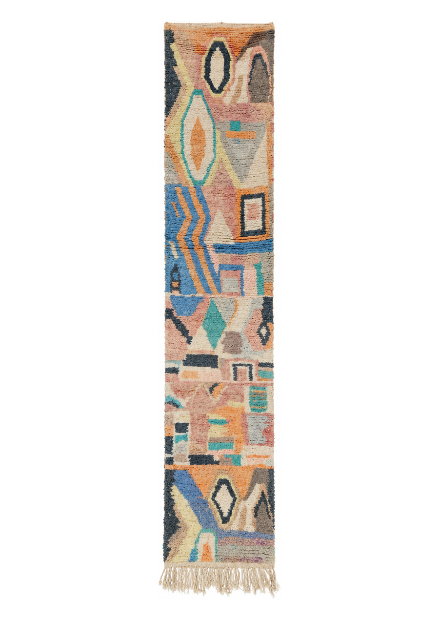 Colorful Vintage Moroccan Runner with Geometric Motifs, 308 × 62 cm.