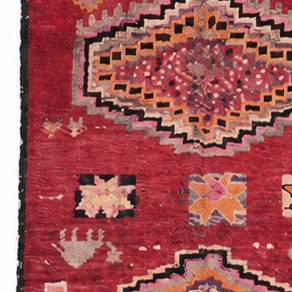 Detail of Burgundy Vintage Moroccan Runner with Medallions, 387 × 95 cm.