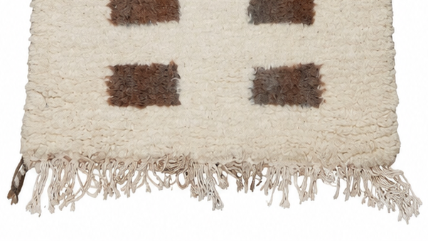 Fringe and edge detail of Cream and Brown Vintage Moroccan Runner with Rectangle Rows, 263 × 80 cm.