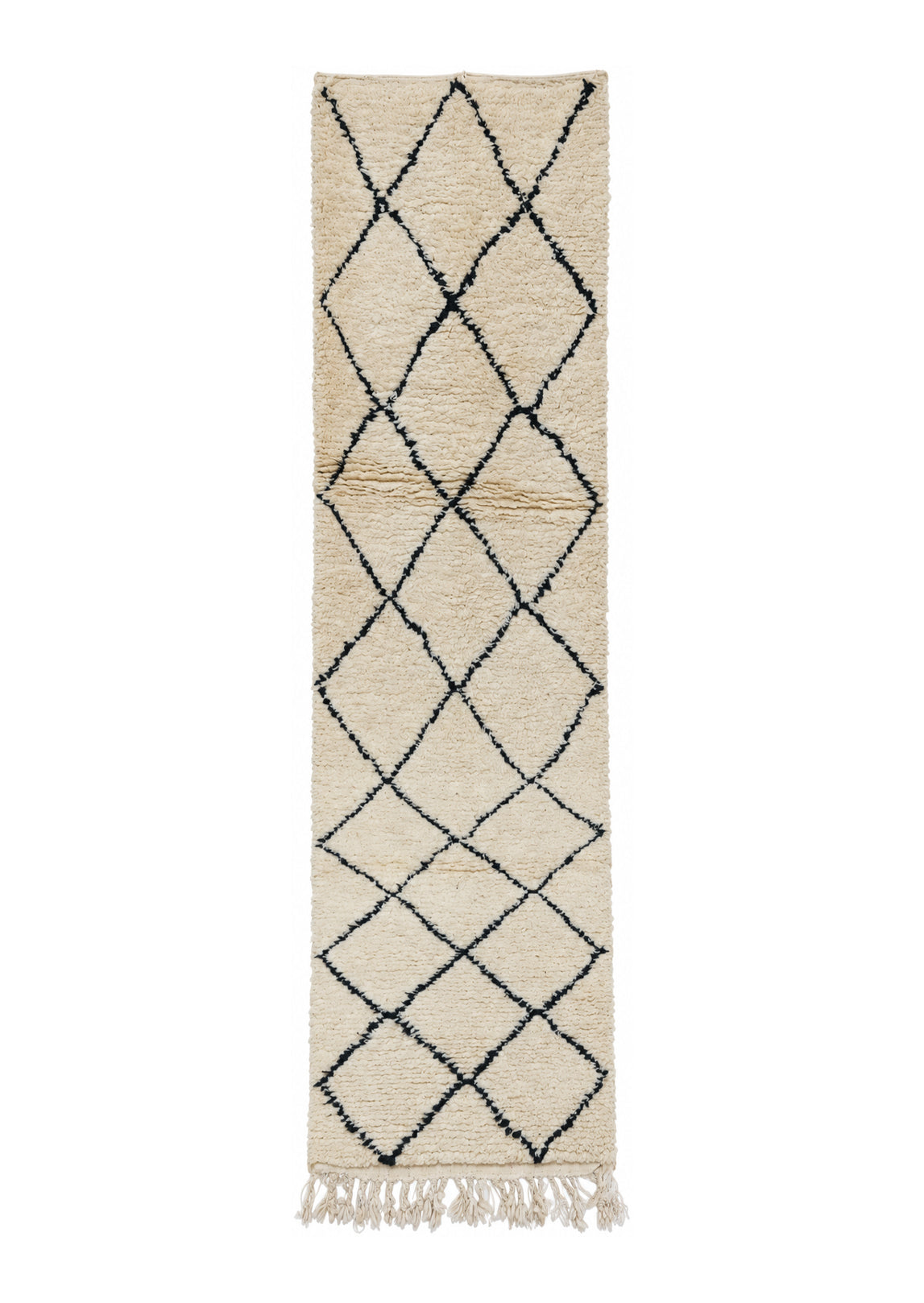 Cream Vintage Moroccan Runner with Dark Diamonds, 286 × 74 cm.