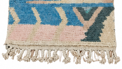 Fringe and edge detail of Cream and Turquoise Vintage Moroccan Runner with Geometric Motifs, 286 × 68 cm.