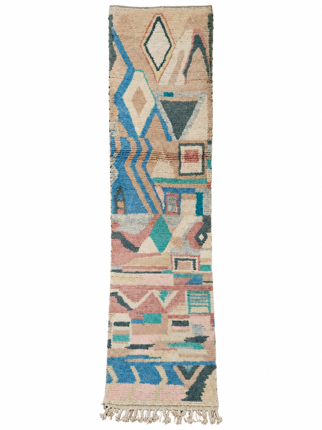 Cream and Turquoise Vintage Moroccan Runner with Geometric Motifs, 286 × 68 cm.