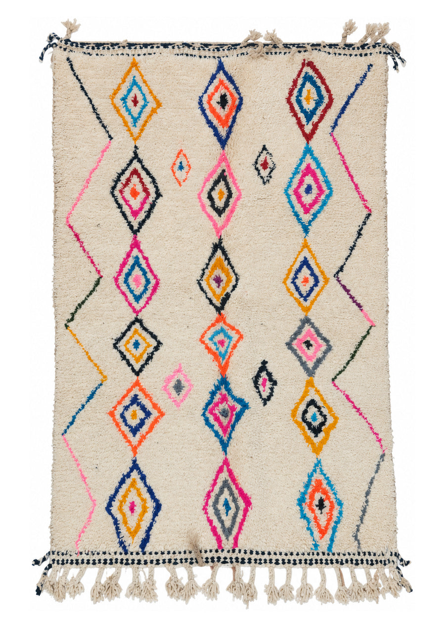 Cream Vintage Beni Ourain Rug with Colorful Diamonds, 260 × 158 cm.