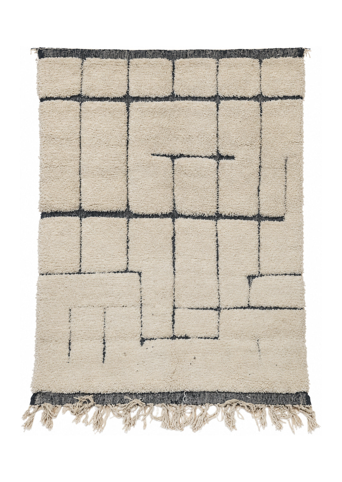 Full view of Cream Vintage Beni Ourain Rug with Dark Lines and End Borders, 286 × 210 cm.