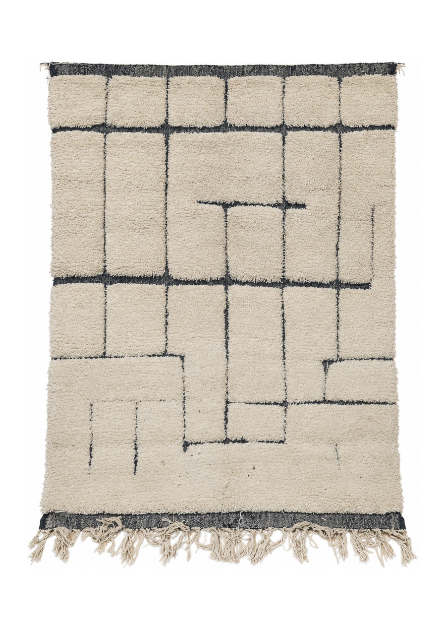 Full view of Cream Vintage Beni Ourain Rug with Dark Lines and End Borders, 286 × 210 cm.