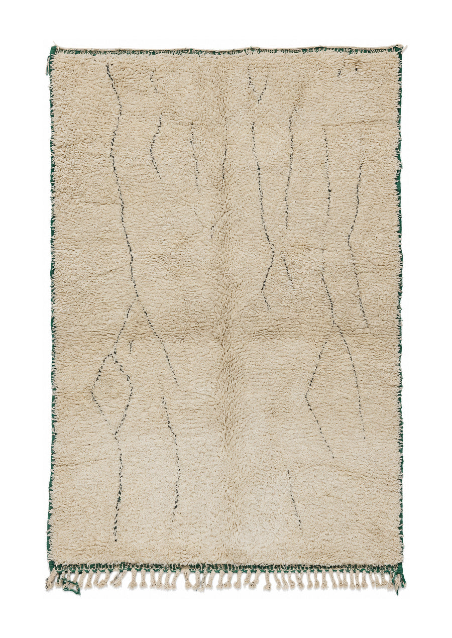 Cream Vintage Beni Ourain Rug with Fine Lines and Green Edge, 230 × 154 cm.