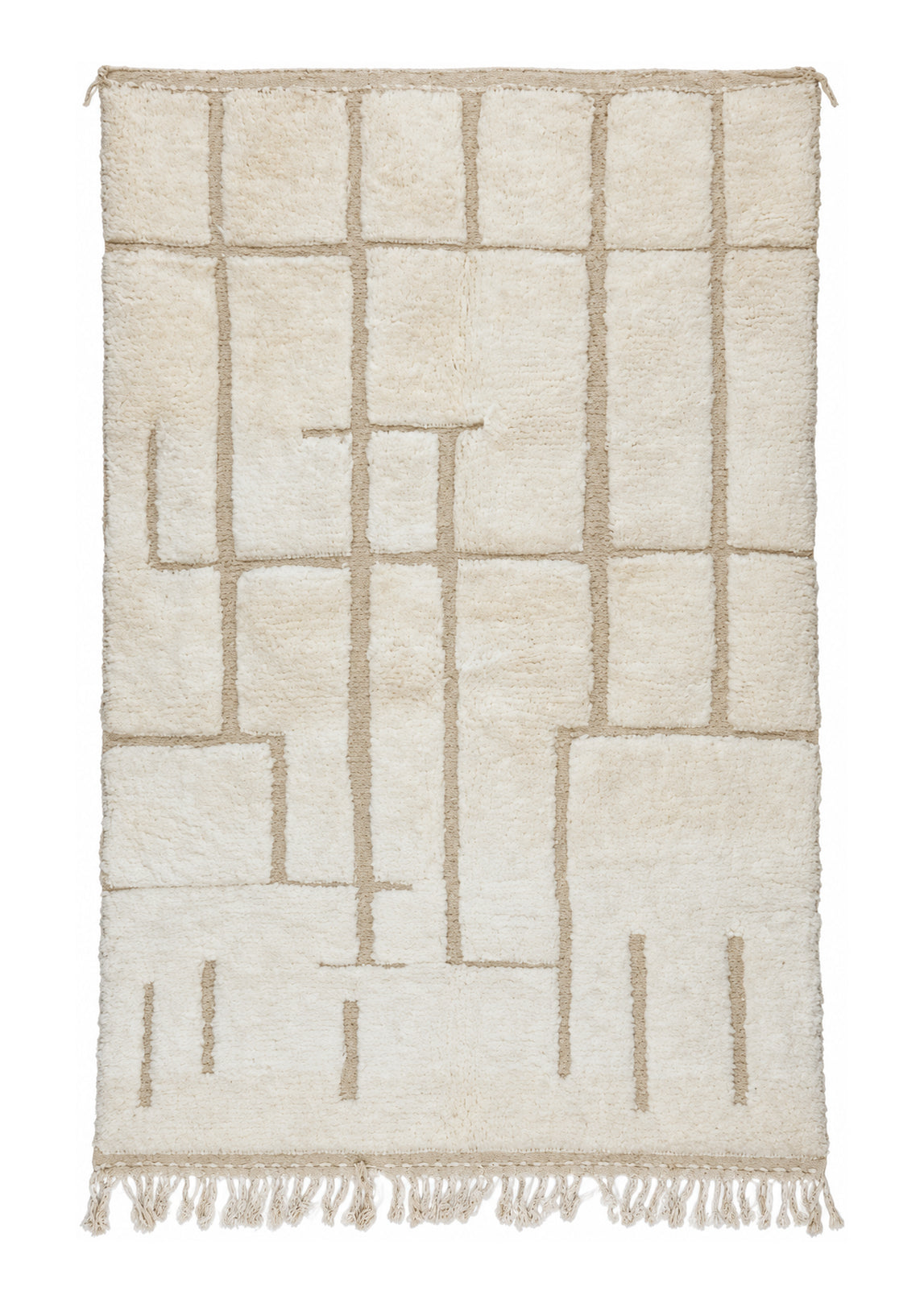 Cream Vintage Beni Ourain Rug with Light Line Grid, 244 × 158 cm.
