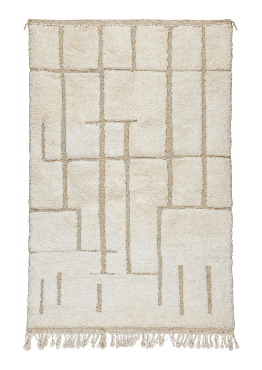 Cream Vintage Beni Ourain Rug with Light Line Grid, 244 × 158 cm.
