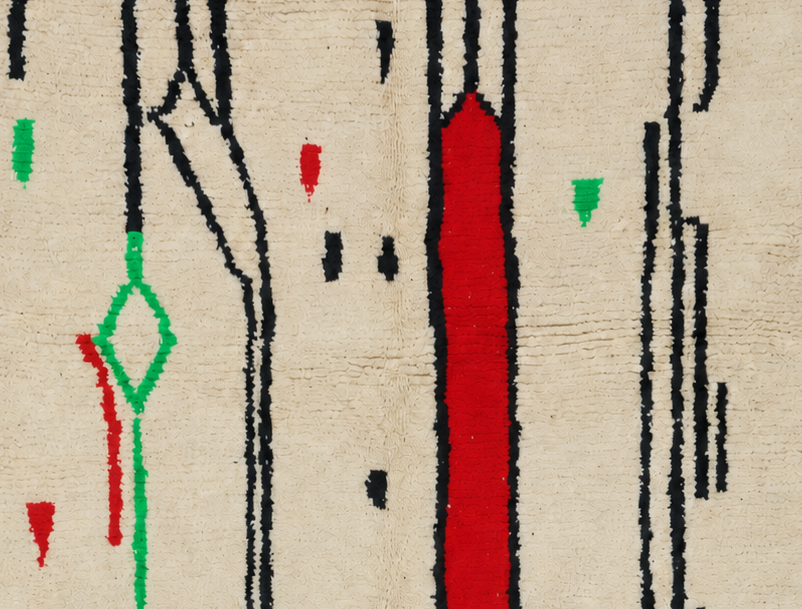 Detail of Cream Vintage Beni Ourain Rug with Red Shapes and Black Lines, 256 × 157 cm.