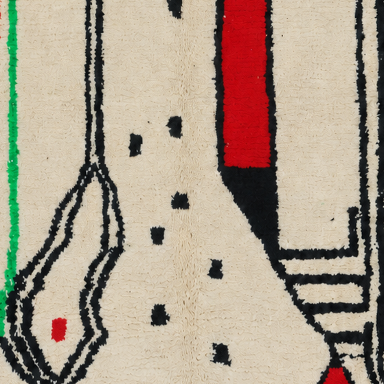 Detail of Cream Vintage Beni Ourain Rug with Red Shapes and Black Lines, 256 × 157 cm.