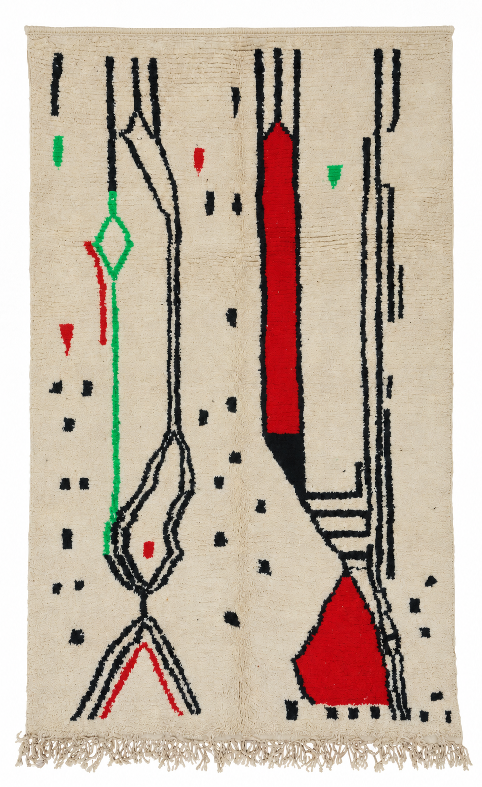 Cream Vintage Beni Ourain Rug with Red Shapes and Black Lines, 256 × 157 cm.
